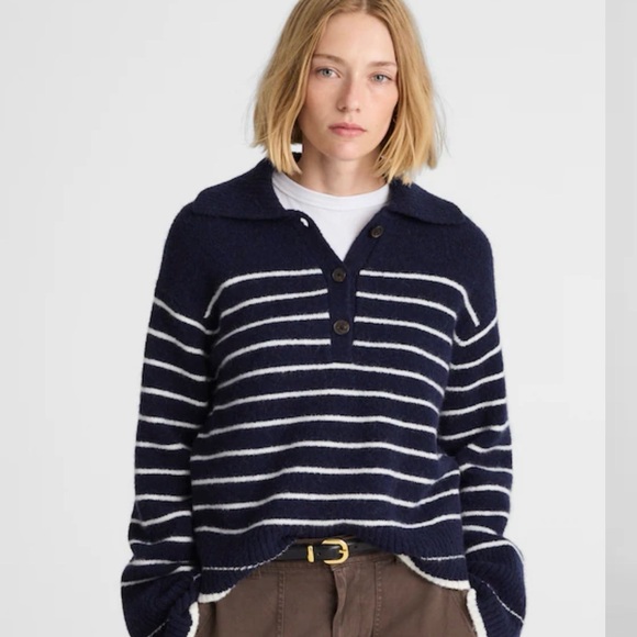Madewell Navy and White Striped Collared Pullover Sweater - Picture 2 of 10